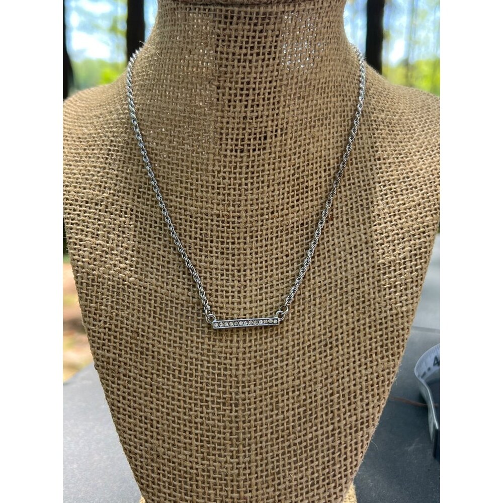 JLO Jennifer Lopez Bar Pendant Necklace Silver Tone Rope Chain Rhinestones Adj